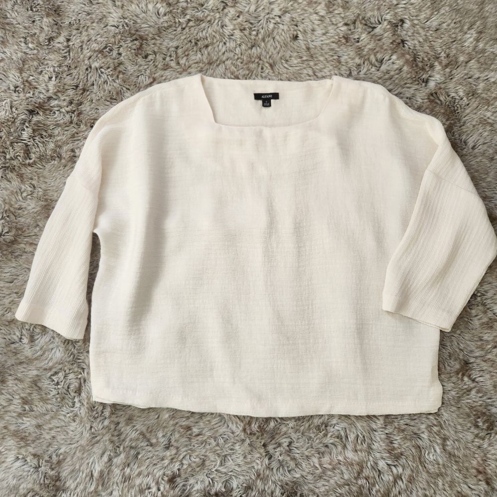 Alfani Square Neck 3/4 Sleeve Textured White Blouse Women's Size Small